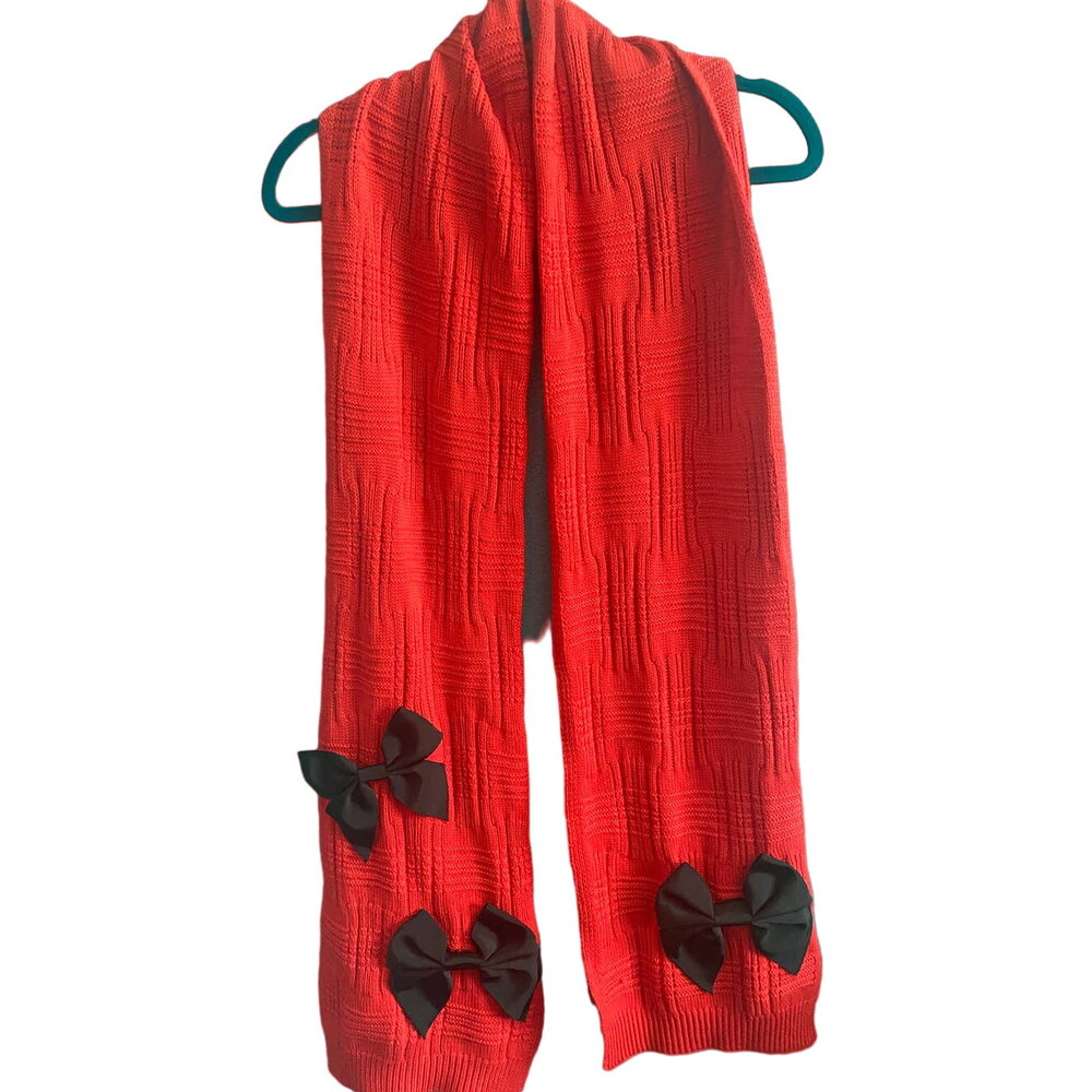Kate Spade New York Bright Red 100% Wool Scarf Black Bow Accents - Picture 1 of 7